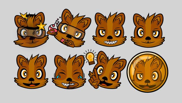 Picture showing 8 emoji designs for the face of Geordie, a space quokka with bright yellow eyes and caramel-coloured fur, in 2 rows of 4. From left-to-right, Geordie is seen with:  1. An embarrassed expression, stars swirling around their forehead, and scars on their fur and safety glasses after a chemistry experiment went wrong. 2. An inquisitive Geordie looking at and holding a glass bottle with a hot pink fluid bubbling in it, also while wearing safety glasses. 3. A chilled Geordie with gritted teeth and smug eyes. 4. A neutral Geordie smiling with their left eye half-open and right eye fully-open. 5. An excited Geordie with open smile and wide eyes. 6. A giggling Geordie trying to hide her gritted teeth with her hand and trying to hold back tears of laughter. 7. An excited Geordie with wide eyes and a wide smile pointing to a lightbulb symbolising an idea they just had. 8. Geordie wearing a gold space helmet with an open smile with their left eye fully-open and right eye half-open.