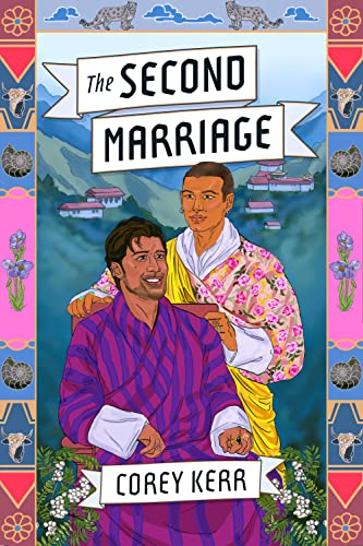 Book cover: Highly ornate, hand-drawn (I believe). Two men in bright, patterned loose wrapped clothing, embracing and smiling. Mountainous hills, homes behind them, two leopards at top among clouds, decorative border with symbols such as flowers, shells, and cattle.