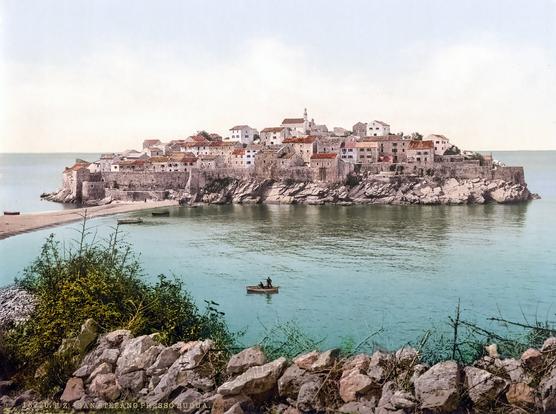 This is a photochrom print of Sveti Stefan (formerly San Stefano) from the 1890s. Digitally enhanced to compensate for fading.