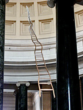 Martin Puryear’s Lobby D. Ladder for Booker T. Washington, a 36-foot-tall wooden sculpture, was suspended between columns in a classical style Rotunda