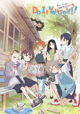 Six girls and their adult sponsor stand in front of their clubhouse, facing the viewer while posing with their handcrafted DIY club sign.