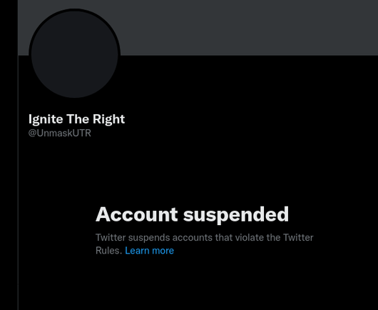 screenshot showing Ignite The Right (@UnmaskUTR) has been suspended