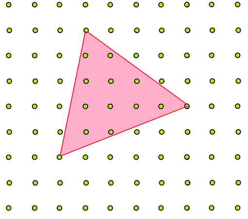 A pink, near-equilateral triangle is drawn on a square lattice of green points with vertices at lattice points. The sides are √25, √26, and √29 in units of the lattice spacing, or approximately 5, 5.1, and 5.4 units, respectively.

This relates to the claim that 3 distinct lattice points cannot form an equilateral triangle.
