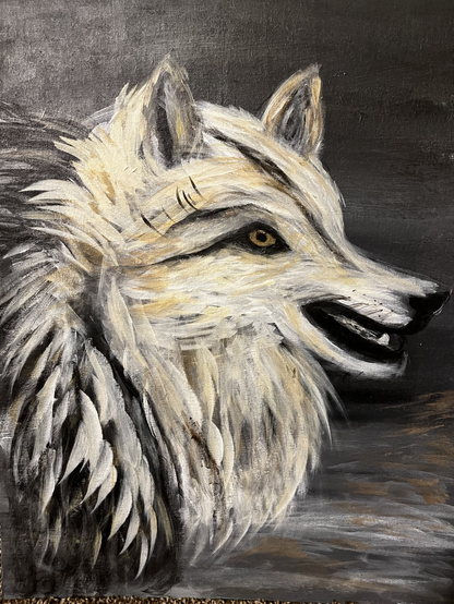 Painting of wolf from side, wintery look.