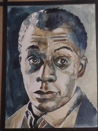 watercolour painting of James Baldwin. Portrait, taking up the whole page. Baldwin is looking up and off to his left.