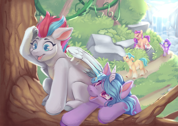 Art of the 5 main characters of the mlp movie Make your Mark. Izzy and Zipp are at the front hanging on a tree branch looking happily into the distance. the other 3 characters are further in the back with sunny singing while standing on a rock