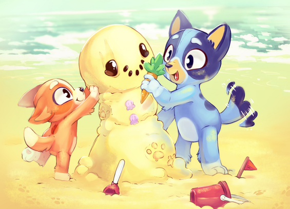 Bingo and Bluey build a snowman made out of sand at the beach