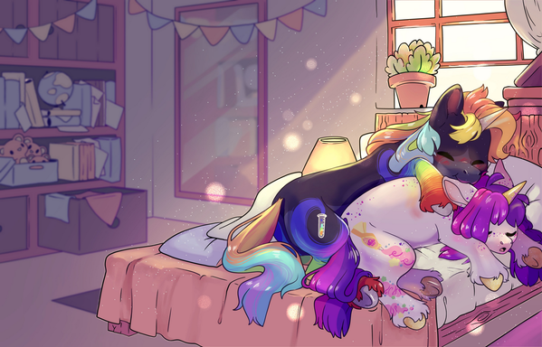 2 pony OCs, one black and rainbow and the other whit and pink cuddling in bed in the early morning with light filtering though the window. the rainbow unicorn noms affectionately on her girlfriends ear