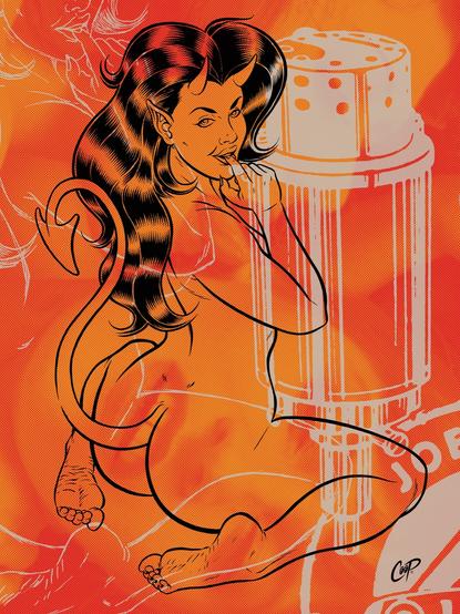 An illustration of a seated devil girl, looking back over her shoulder, finger in her mouth, printed on an orange background, over a red halftone photo of two women's faces, and a clipart illustration of a magneto