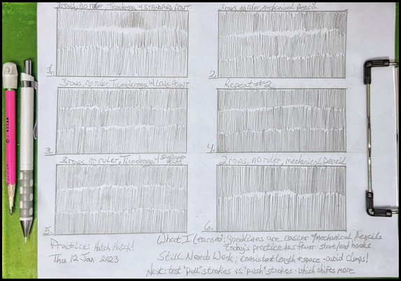 This is a picture of a white sheet of paper on a yellow-green clipboard.  The sheet has been sectioned into six equal rectangles (with ample whitespace for notes around the boxes and at the bottom of the page).  Each box is filled with rows of small vertical lines, accomplished with variations of method/material so the artist can improve her drawing skills and find combinations that work best for her.

(c)2023 BeckieSueDalton #BSDWB