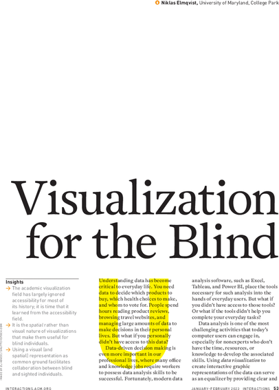 Graphical abstract showing the first page of the feature article on "Visualization for the Blind". Full text here: https://interactions.acm.org/archive/view/january-february-2023/visualization-for-the-blind