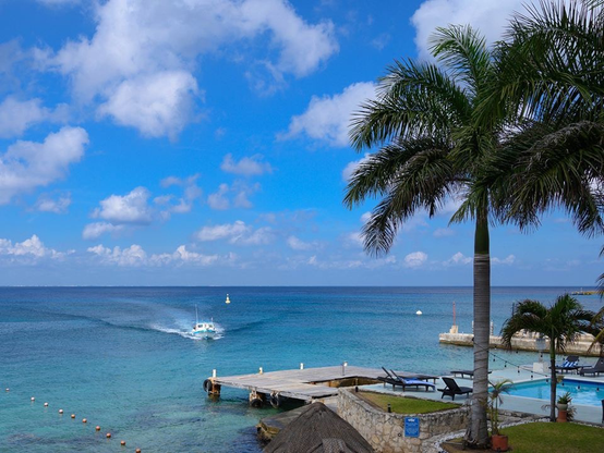 A boat on turquoise water approaches a pier of a tropical resort with palm trees.