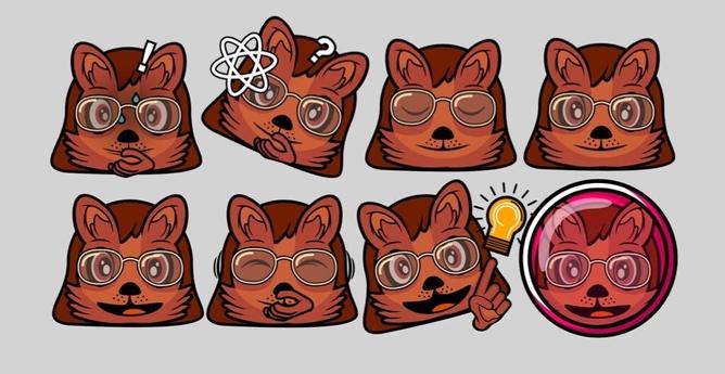 Picture showing 8 emoji designs for the face of Catherine, a space quokka with rose-gold-coloured eyes and fur, with beige-framed round glasses and long crimson hair, in 2 rows of 4. From left-to-right, Catherine is seen with:  1. An embarrassed expression with sweat and an exclamation mark as she covers her smiling mouth and has wide eyes. 2. An inquisitive Catherine looking at an atom symbol with a question mark above her head. 3. A relaxed Catherine with closed eyes and smiling. 4. A neutral Catherine smiling with both eyes fully-open. 5. An happy Catherine smiling with her mouth and eyes open. 6. A giggling Catherine shaking and covering her smiling mouth with her eyes closed. 7. An excited Catherine with wide eyes and a wide smile pointing to a lightbulb symbolising an idea she just had. 8. Catherine wearing a reddish-pinkish space helmet with an open smile.