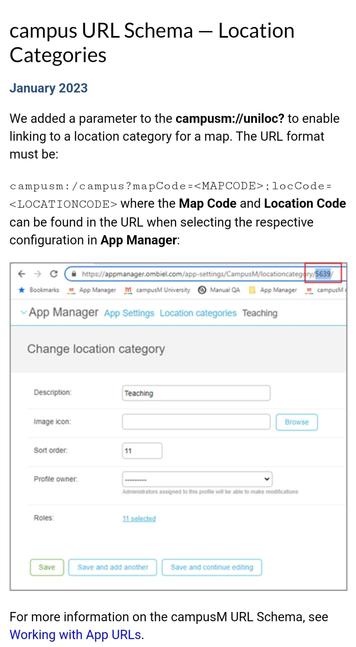 Screenshot explaining how a parameter can be added to the campusm://uniloc? to enable linking to a location category for a map in the campusM app