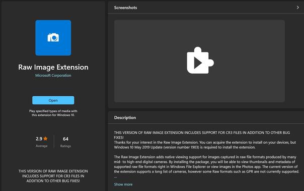 Screen shot of the Raw Image Extension from Microsoft in the Microsoft Store.