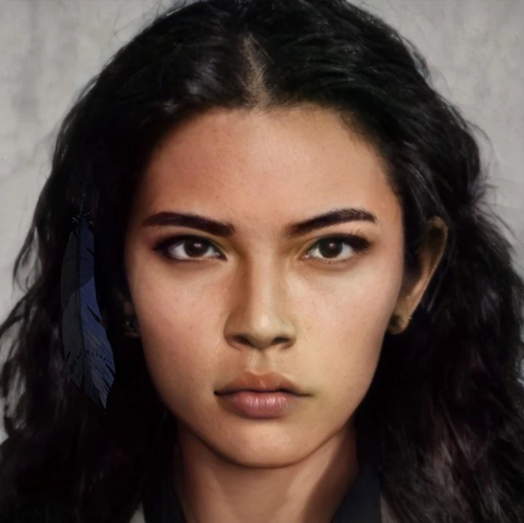 Close up character art of a fierce, dark-eyed teen girl with a feather in her hair