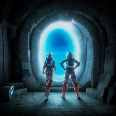 Two astonauts in organge suits seen from behind standing on front of an about 4 meter high oval portal that is glowing blue in some kind of ancient ruins