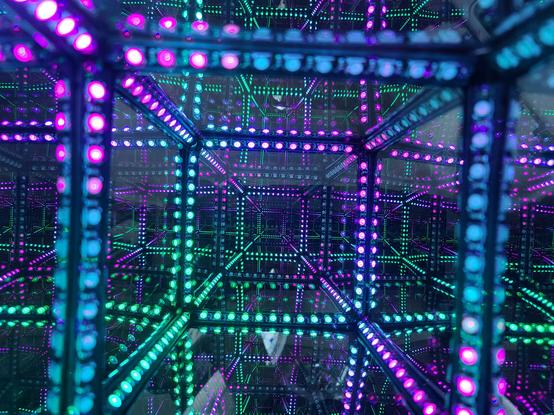 Infinity cube with LEDs create a magical colorful space