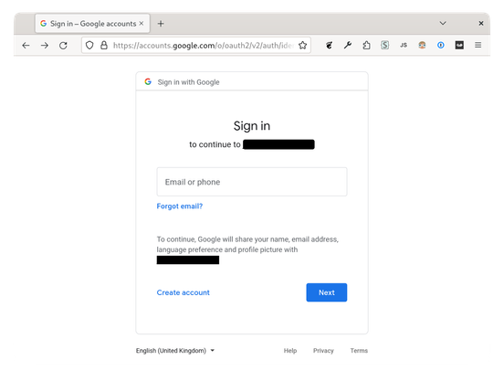 Screenshot of a Sign in with Google page with the name of the conference redacted in two places.