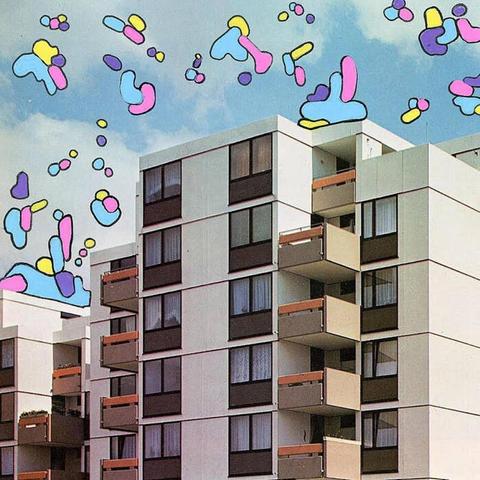 The cover art for Luke Sangers 2-song 'Deleting Your Presence' single shows an industrial building below lightly clouded blue skies. Cartoonish shapes and bubbles in pinks, blues, purples, and yellows float overhead.