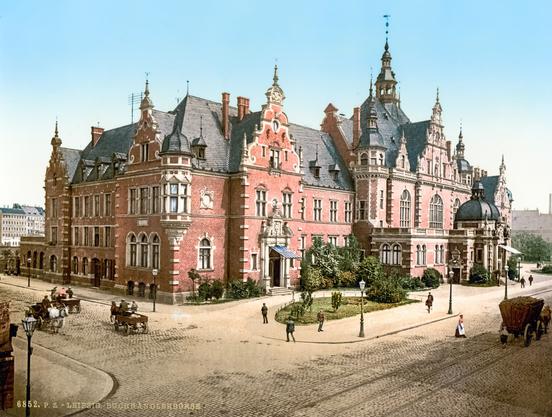 The Neo-Renaissance building of the German Booksellers' House in Leipzig housing the German Book Exchange - a photochrom print from the 1890s. Digitally enhanced to compensate for fading.