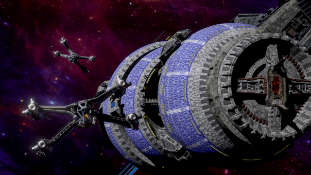 Two Earth Alliance Starfuries in space in front left of the space station Babylon 5 in the background, epic space shot, blue/red nebulae in the background