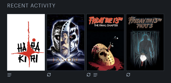 The posters of the last four movies I logged on Letterboxd.

Friday the 13th Part 3 (1982)
Friday the 13th: The Final Chapter (1984)
Jason X (2001)
Harakiri (1962)