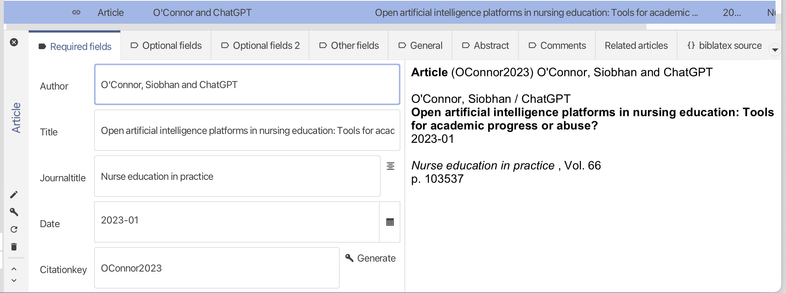 Screenshot of JabRef's entry editor showing the entry for an article where the co-author is listed as ChatGPT