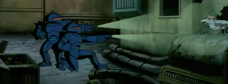 A panorama made from many different screenshots from the Sonic the Hedgehog Saturday morning cartoon.  Two Swat-bots use their finger flashlights to light up a creature in an alleyway.