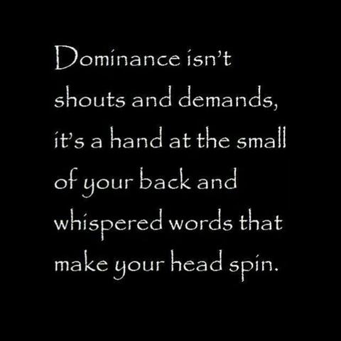 Dominance isn't shouts and demands, it's a hand at the small of your back and whispered words that make your head spin.
Black background with white text.