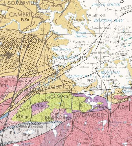 A crop from the 1983 USGS bedrock map of Massachusetts focuses on the southeast edge of the Boston Basin. Mattapan (Zm) is exposed at the Braintree-Quincy border as shown in the first photograph. It is also exposed on Hough’s Neck, east of Quincy, in the area marked PzZr (Roxbury Conglomerate), and shown in the photographs following. Mattapan is also exposed on Wampatuck Hill (103 meters) at the east end of the Blue Hill range, and in Mattapan!