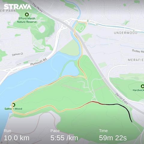 Strava map centred on Saltram House estate in Plymouth with a trace showing the route of the race which was an out and back route.