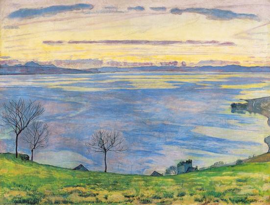 A painting by Holder showing  Lake Geneva and the Alps of Savoy an evening of 1895 from an elevated viewpoint. Colours are intense and the handling of the forms is synthetic and ornamental. The big blue mass of the lake, which asserts the main harmony, is contained within the contour of a broad, clearly drawn ellipse. The upper horizontal band contains the suggestion of a melody, with the staccato of the clouds reflected in the water. Hodler replaces the fleeting character of impressionist painting with a rhythmic organisation capable of revealing the timeless order of nature.