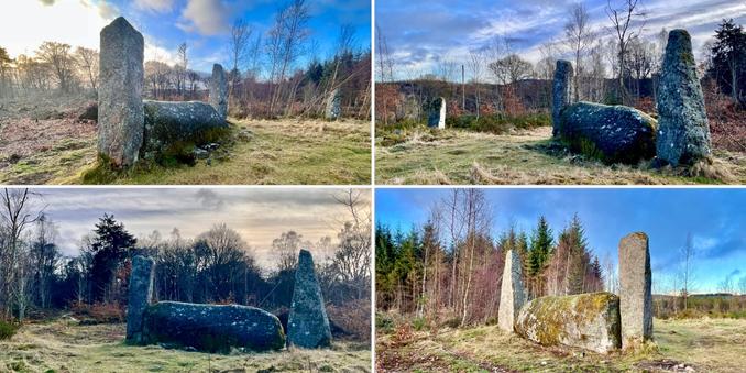 A collage of four images, taken at Cothiemuir Stone Circle, each showing the recumbent stone and two flanker stones. Recent tree-felling operations mean the stones are more open than previously. Conditions are cold and bright with some blue sky.
