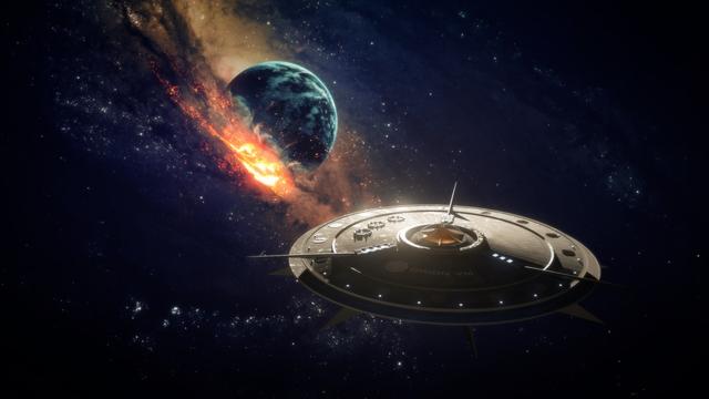 Disc-shaped spaceship in space in front of an exploding planet