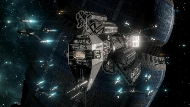 Earth Alliance ship Agamemnon leavin Babylon 5 space station escorted by a wing of Starfuries.