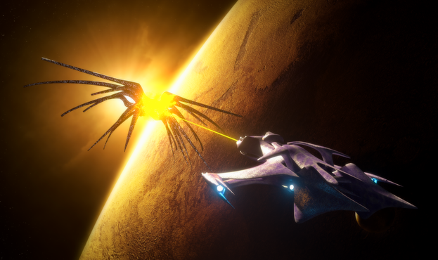 Babylon 5 Minbari Whitestar over a red planet firing on a Shadow battlecrab and that is in the process of exploding. Dramatic image, orange main color