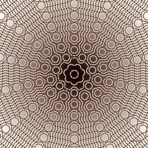 A 7-fold rotationally-symmetric picture in shades of brown constructed of heptagons.  There are many rings of heptagons separated by wavy groups of heptagons.  The white-to-brown shading of the heptagons in the rings gives me the impression of broken eggshells.  The background fades from dark brown to a taupe shade at the edges.