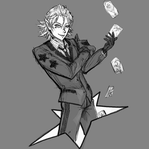 Sketch of a man in a suit. He is emerging from the shape of a star at his legs and tarot cards are moving laterally.