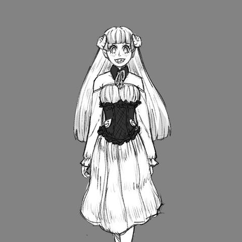 Sketch of a girl with ram horns. She is standing with her arms at her side.