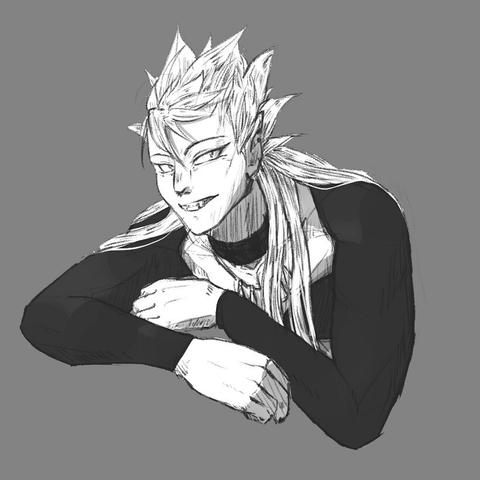 Sketch of a spiky haired character. The drawing is from his folded arms and up, the focus is his face and hair.