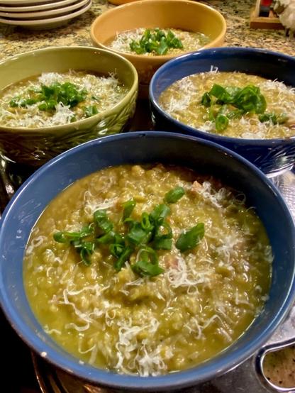 Soup set out in bowls and garnished
