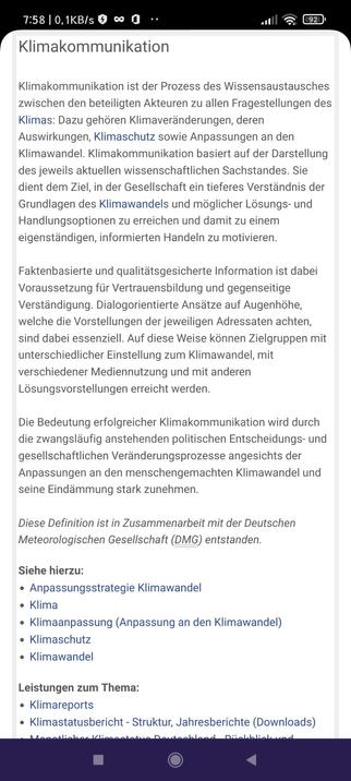 Bildschirmphoto der Definition "Klimakommunikation" des Deutschen Wetterdienstes (DWD), https://www.dwd.de/DE/service/lexikon/Functions/glossar.html?lv2=101334&lv3=759722