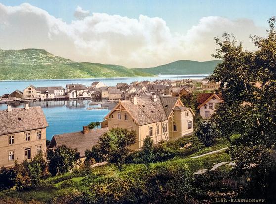 The harbour of Harstad, in Northern Sami known as Hárstták, in Northern Norway - a photochrom print from the 1890s.  Digitally enhanced to compensate for fading.