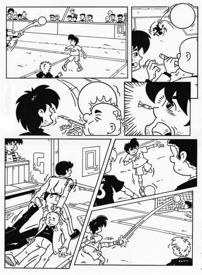 Comic strip page of a football match where someone in the crowd attempts to use a blowgun to fire a dart at the players, it goes wrong when the ball is kicked into the stands and hits him.