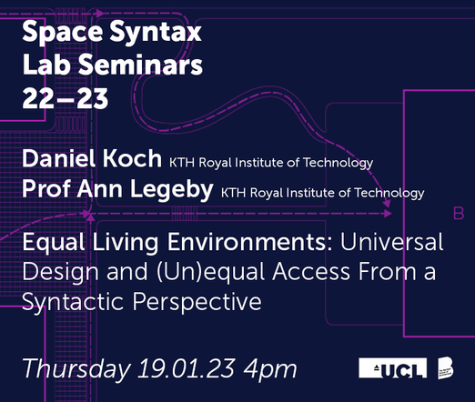 Space Syntax Lab Seminars 22–23 banner. Showing presenter names (Daniel Koch & Ann Legeby), seminar title (Equal Living Environments: Universal Design and (Un)equal Access From a Syntactic Perspective), and date/time (Thursday 19.01.23, 4pm).