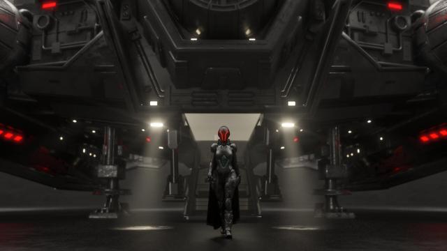 Sith lady in full body armor with helmet showing red glowing stripes descending from that ramp of a Sith Fury Interceptor from SWTOR