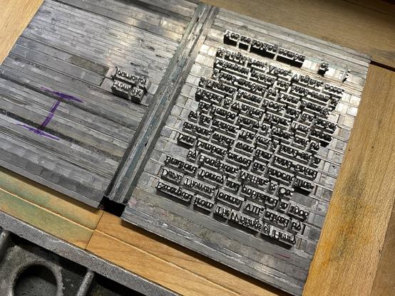 A form of hand-set metal type from the forthcoming booklet excerpting a selection from Henry David Thoreau’s journal. The metal type is surrounded by wood furniture, or shims, to help lock it in place on the bed of a hand-cranked printing press.