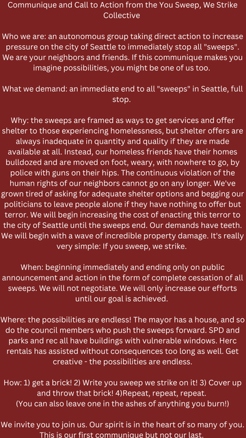 Red background with white text that contains the message from the post regarding Communique and Call to Action from the You Sweep We Strike Collective.