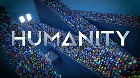 Illustration with a blue background showing massive platforms and staircases filled with countless people. The people are shown in multiple shades and colors of the spectrum as they seem to be heading for two small doors at the end of one of the platforms.   The doors also seem to look like the "pause" button icon.  Superimposed over the image is the word ""HUMANITY".

Image courtesy of psu.com